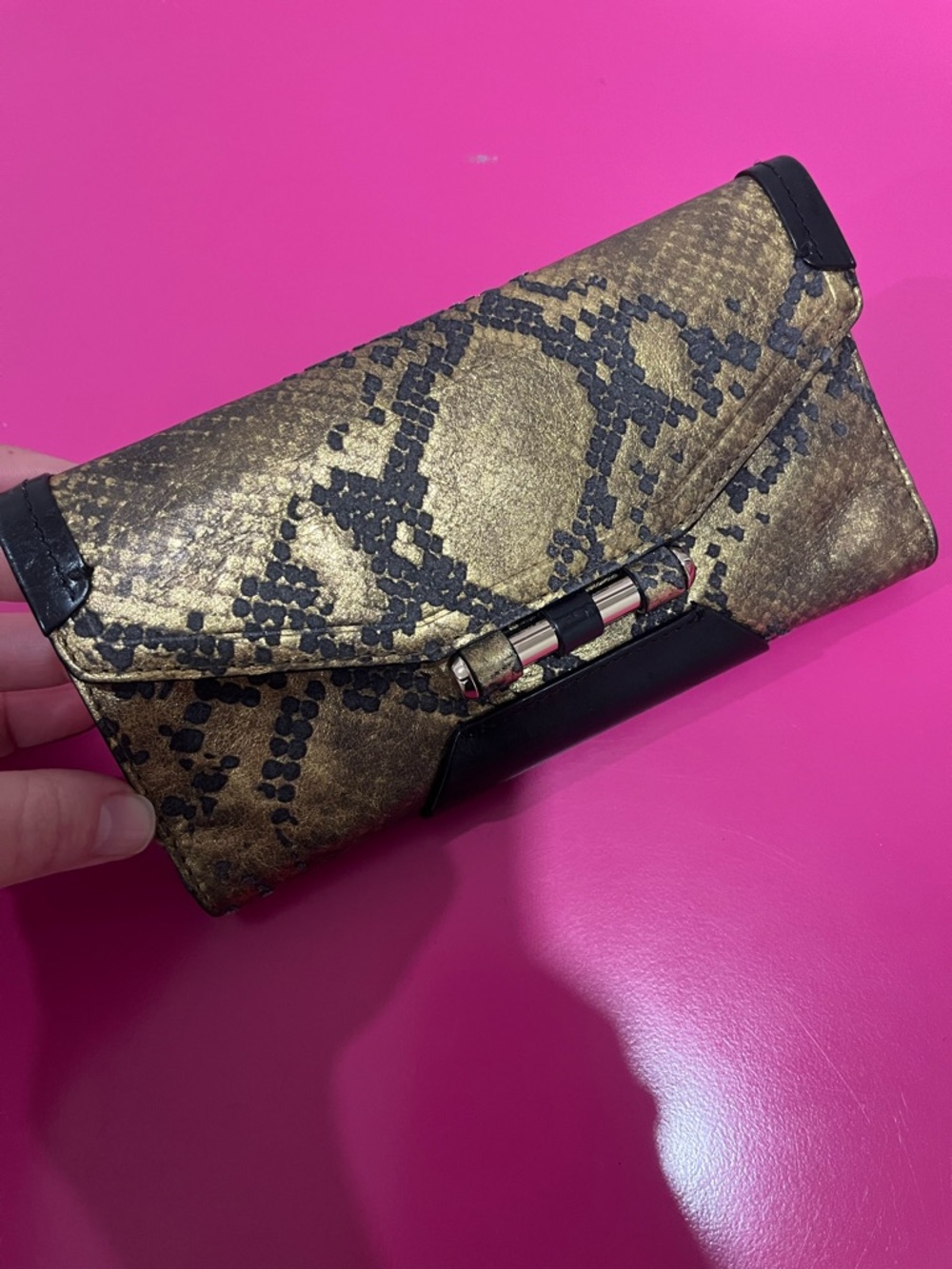 Olivia Harris Metallic Gold Snake-Print Wallet with Black Trim